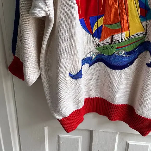 Vintage 80s Sinthia Szato Marisa Christina Sailboat Embellished Sweater - Picture 5 of 10